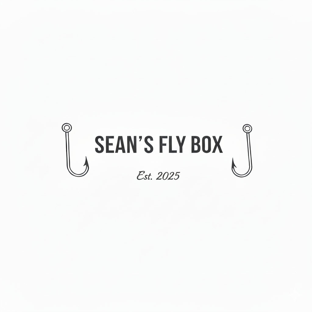 Logo for 'Sean's Fly Box' with fishing hooks on a white background